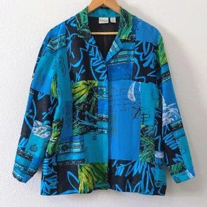 Chico's 3/4 Sleeve Silk-Linen Blend Button Down Top, Turquoise / Black